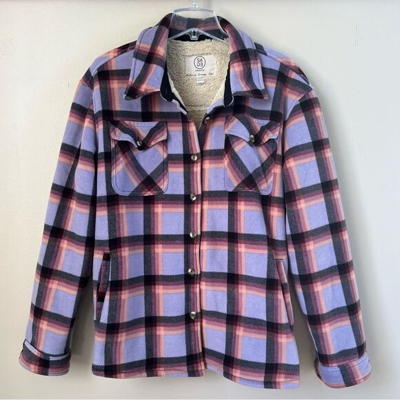 SAGE Long Sleeve Plaid Plush Sherpa Lined Fleece Shacket Jacket with Pockets - Picture 1 of 11